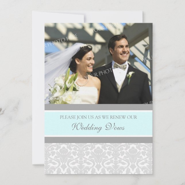 Blue Damask Photo Wedding Vow Renewal Invitations (Front)
