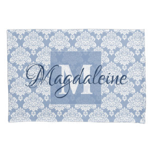 Blue Damask Pillow Case with Monogram & Name