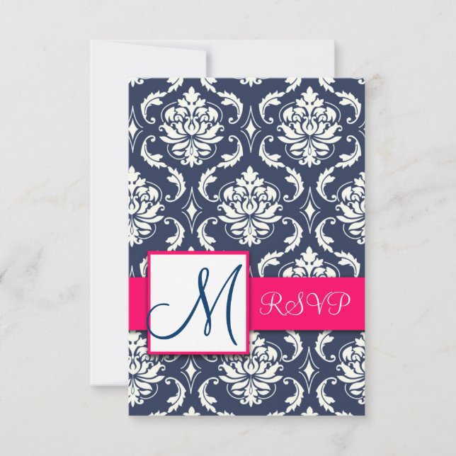 Blue Damask Pink RSVP Cards for Square Invites (Front)
