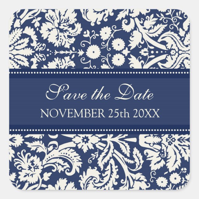 Blue Damask Save the Date Envelope Seal (Front)