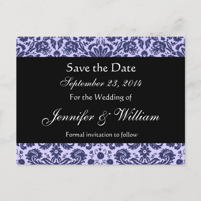 Blue Damask Save The Date Postcard (Front)