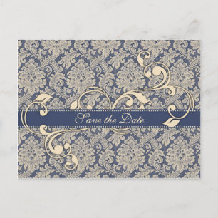 Blue Damask Save the Date Postcard - TBA