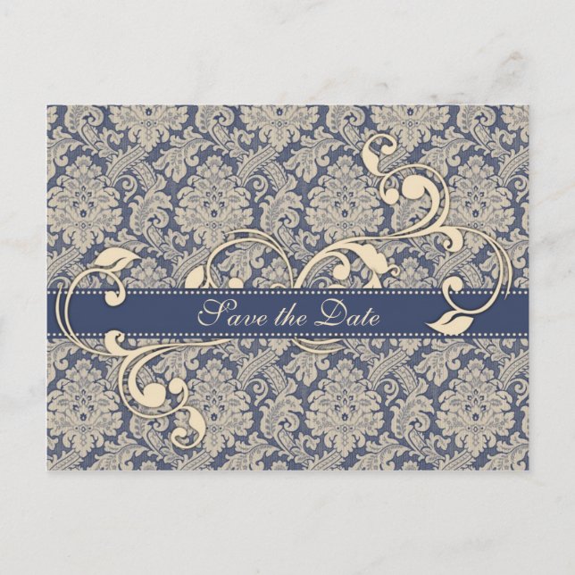 Blue Damask Save the Date Postcard - TBA (Front)