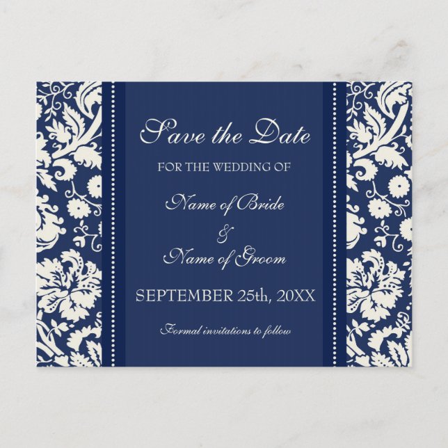 Blue Damask Save the Date Wedding Postcards (Front)