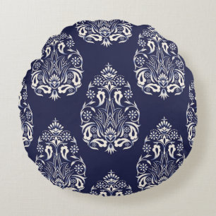 blue damask seamless pattern element round cushion