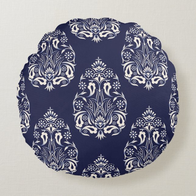 blue damask seamless pattern element round cushion (Front)