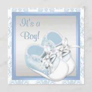 Blue Damask Shoes Blue Damask Baby Boy Shower Invitation