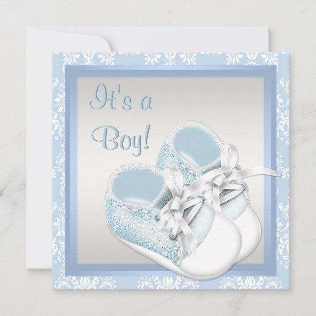 Blue Damask Shoes Blue Damask Baby Boy Shower Invitation (Front)