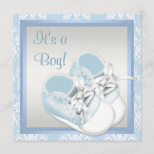 Blue Damask Shoes Blue Damask Baby Boy Shower Invitation