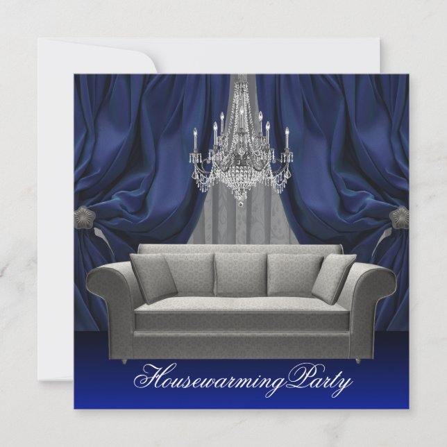 Blue Damask Sofa Chandelier Housewarming Party Invitation (Front)