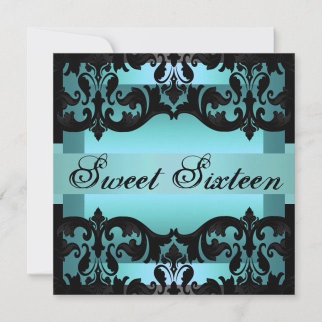 Blue Damask Sweet16 Elegant Birthday Invite (Front)