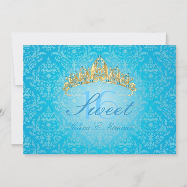 Blue Damask Sweet 16/ tiara/turquoise invitations (Front)