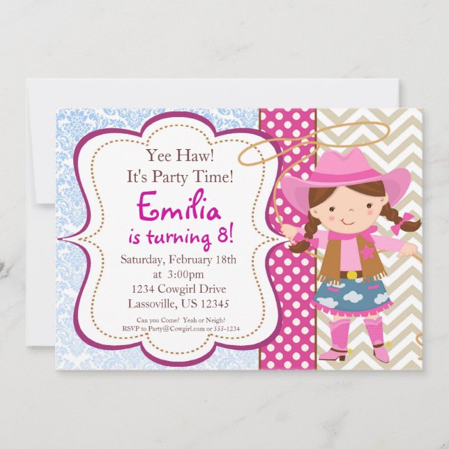 Blue Damask, Tan Chevron Cowgirl Birthday Party Invitation (Front)