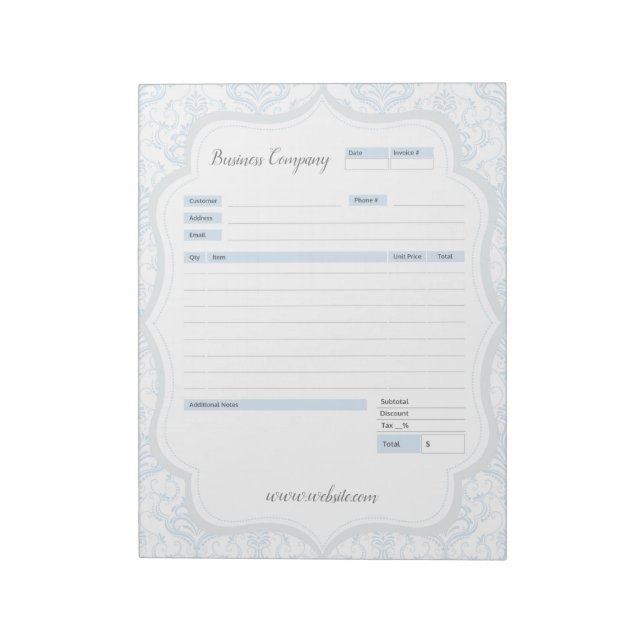 Blue Damask Theme Order Form and Invoice Notepad (Rotated)