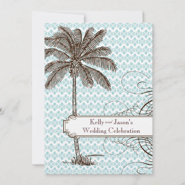 Blue Damask Tropical Palm Wedding Invitation (Front)