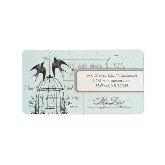 Blue Damask Vintage Bird Cage Air Mail Love Poem Address Label