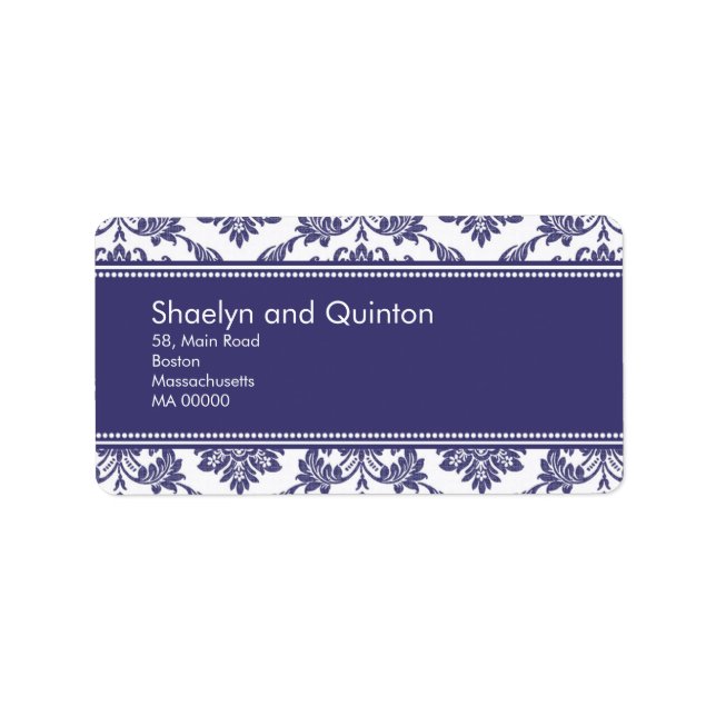 Blue Damask Wedding Address Labels (Front)