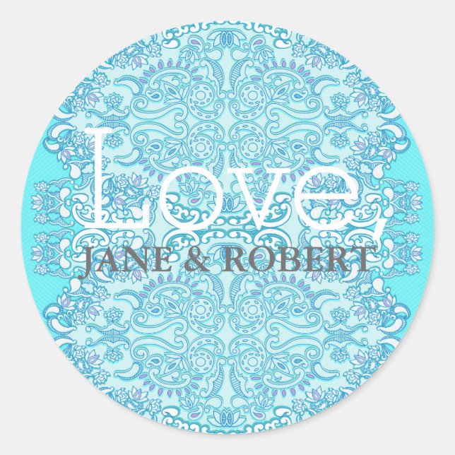 Blue Damask Wedding Classic Round Sticker (Front)