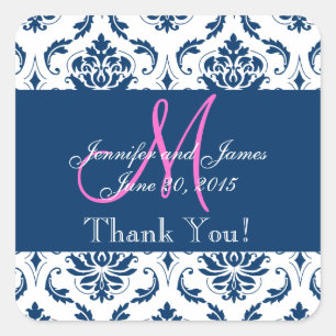 Blue Damask Wedding Favour Thank You Square Sticker