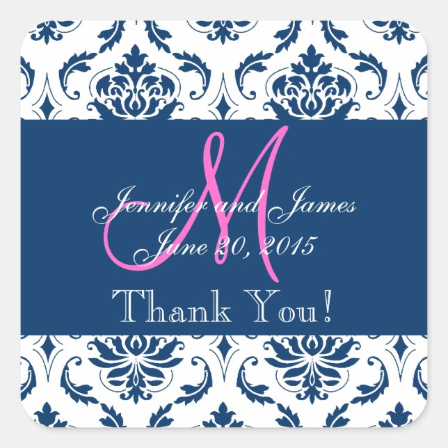 Blue Damask Wedding Favour Thank You Square Sticker (Front)