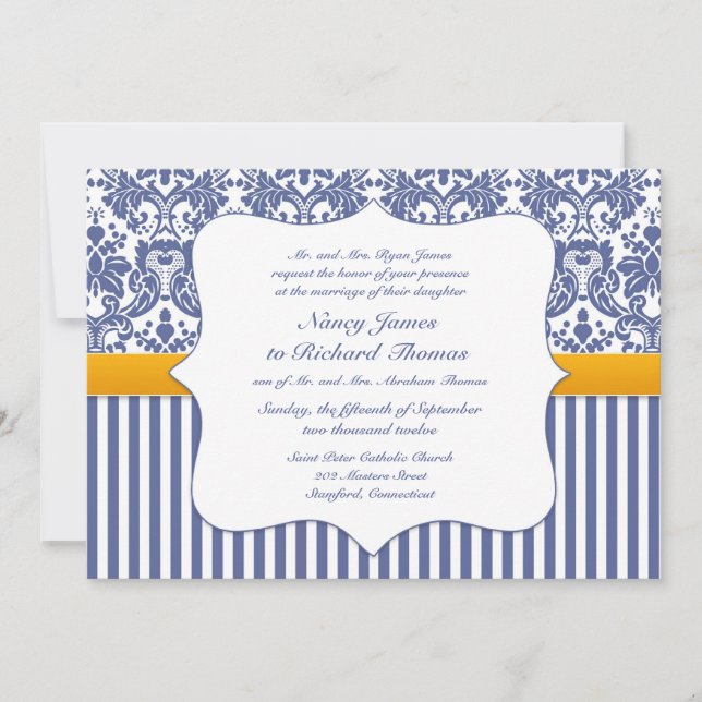 Blue Damask Wedding Flat Invitation (Front)