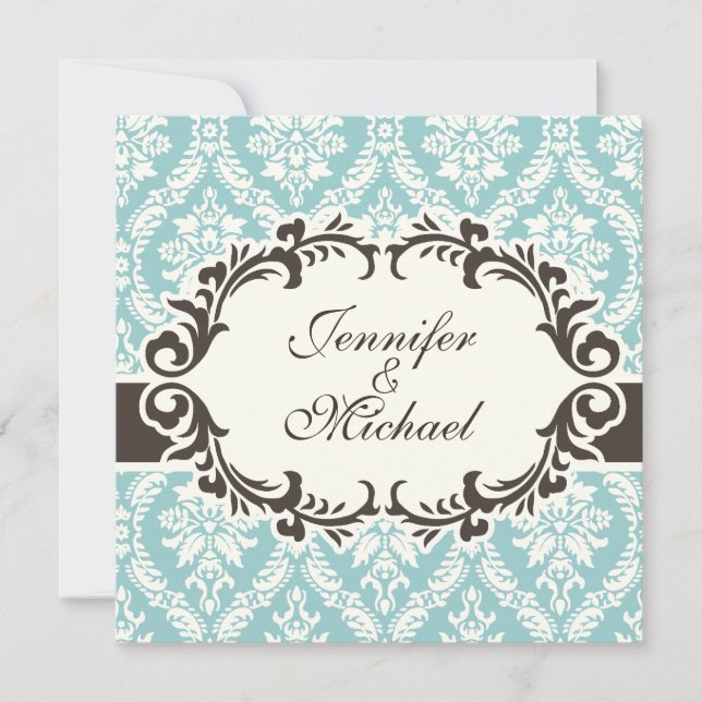Blue Damask Wedding Invitation (Front)