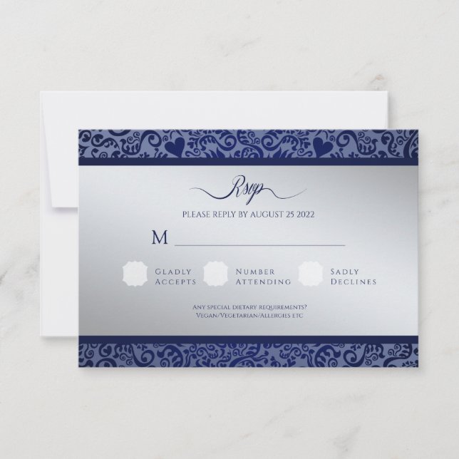 Blue Damask Wedding RSVP Response Card (Front)