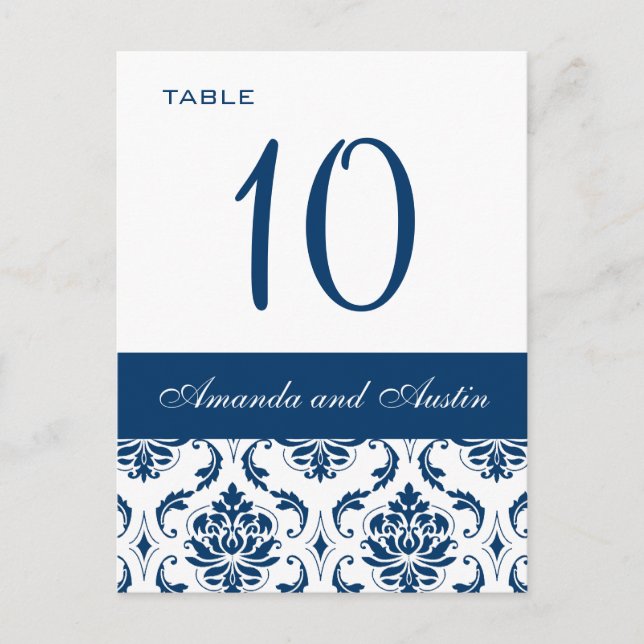 Blue Damask Wedding Table Number Cards (Front)