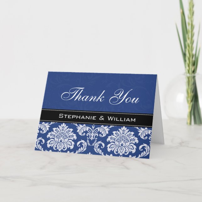 Blue Damask Wedding Thank You Cards (Front)