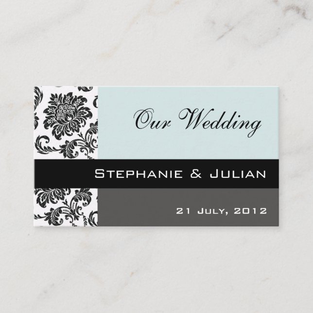 Blue Damask Wedding Website Business Card (Front)