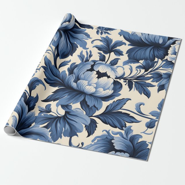 Blue Damask Wrapping Paper (Unrolled)