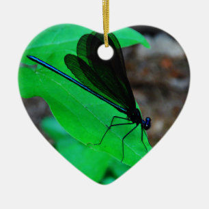 Blue Damselfly on a green leaf. Ceramic Ornament