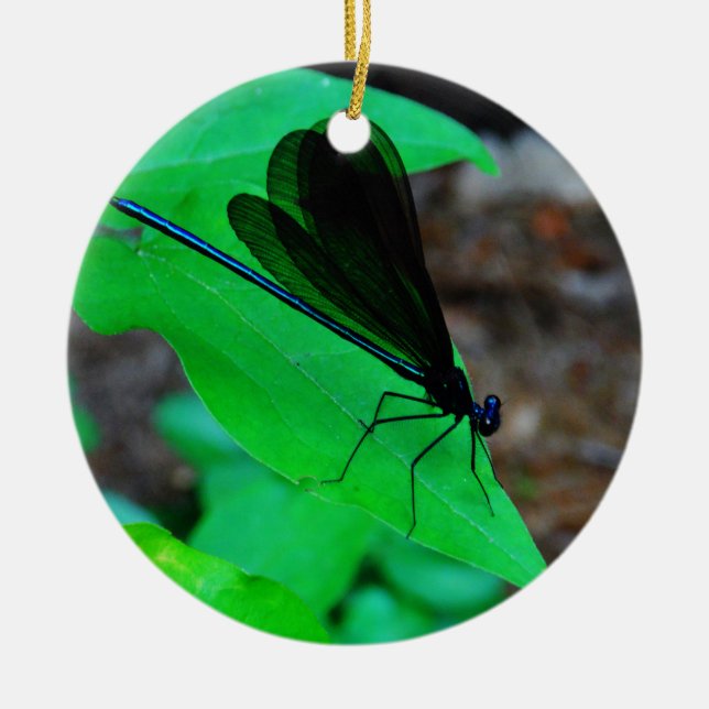 Blue Damselfly on a green leaf. Ceramic Tree Decoration (Front)