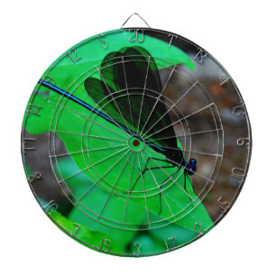 Blue Damselfly on a green leaf. Dartboard