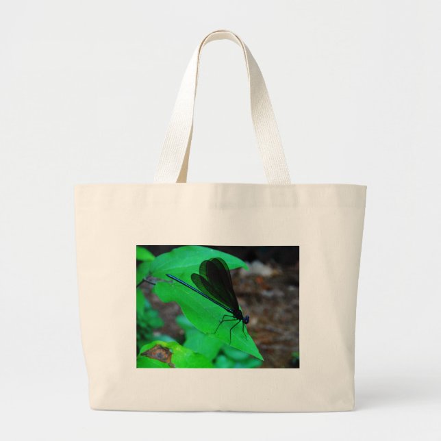 Blue Damselfly on a green leaf. Large Tote Bag (Front)