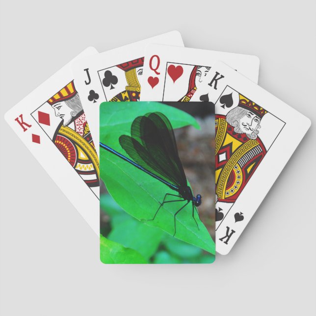 Blue Damselfly on a green leaf. Playing Cards (Back)