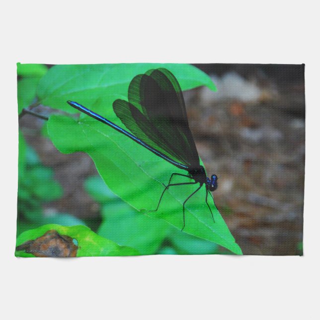 Blue Damselfly on a green leaf. Tea Towel (Horizontal)