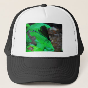 Blue Damselfly on a green leaf. Trucker Hat