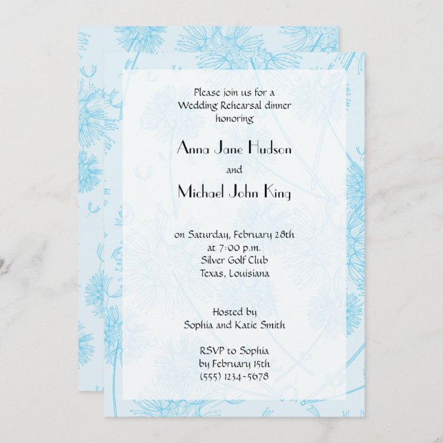 Blue Dandelion Flowers, Floral Rehearsal Dinner Invitation (Front/Back)