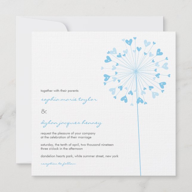 Blue Dandelion Flowers Love Wedding Invitation (Front)