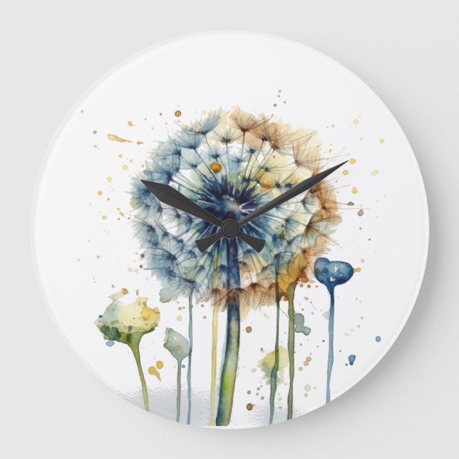 Blue dandelion ready to be blown in water colour large clock (Front)
