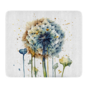 Blue dandelion ready to be blown in watercolor cutting board
