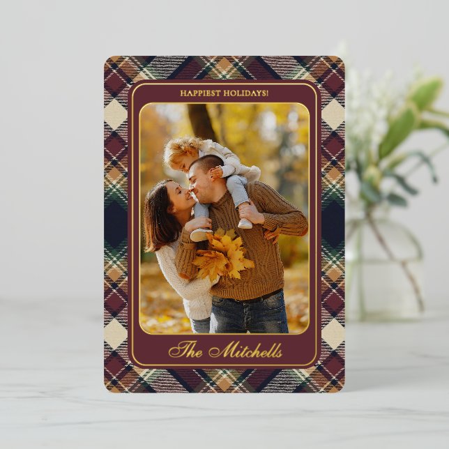 Blue Dark Green Red Plaid Pattern Gold Foil Holiday Card (Standing Front)