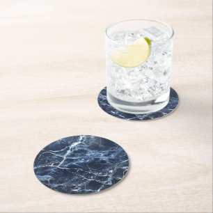 Blue Dark Marble Pattern Round Paper Coaster
