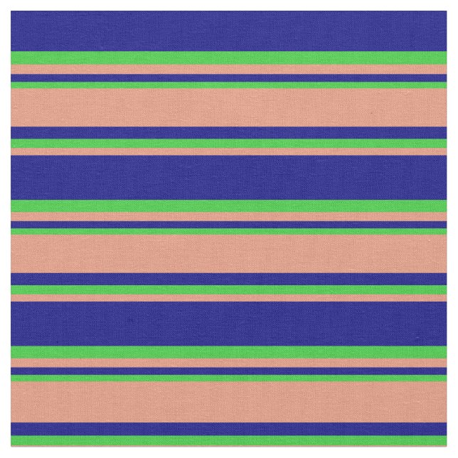 Blue, Dark Salmon & Lime Green Striped Pattern Fabric (Close Up)