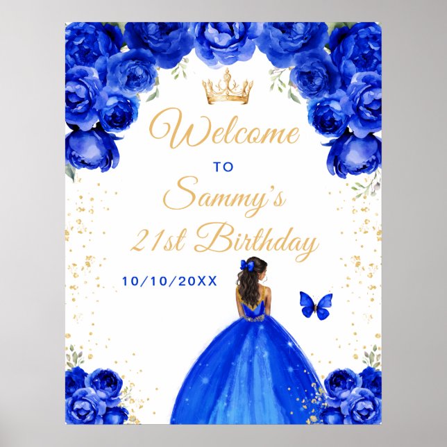 Blue Dark Skin Princess Birthday Welcome Poster (Front)
