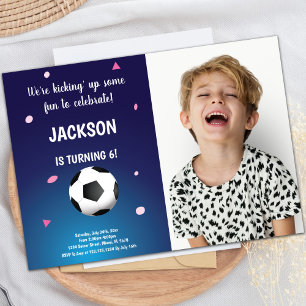 Blue Dark Soccer Birthday Invitations with photo