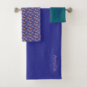 Blue dark teal simple wildflower pattern name bath towel set