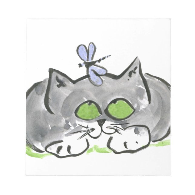 Blue Darning Needle and Grey Kitten Notepad (Front)