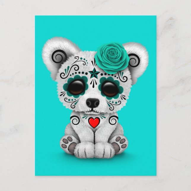 Blue Day of the Dead Sugar Skull Bear Postcard (Front)